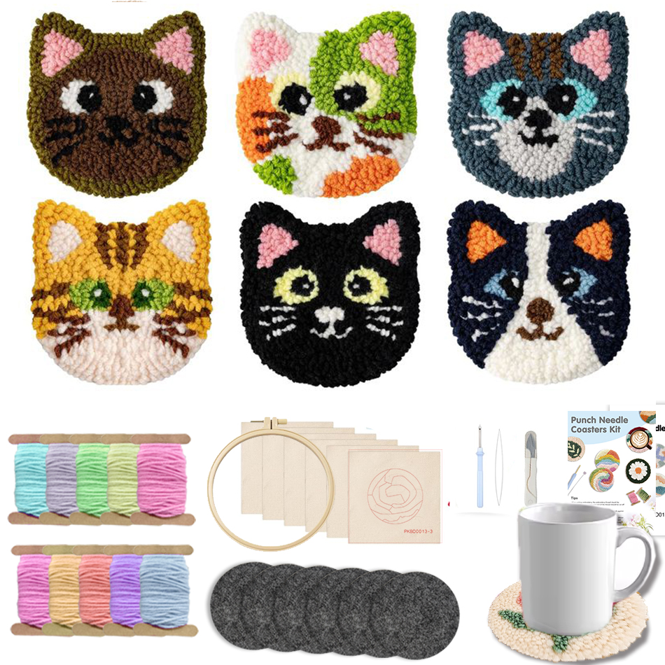 Kitchen Gadgets Crossword - 6pcs Cat Punch Needle Embroidery Coaster
